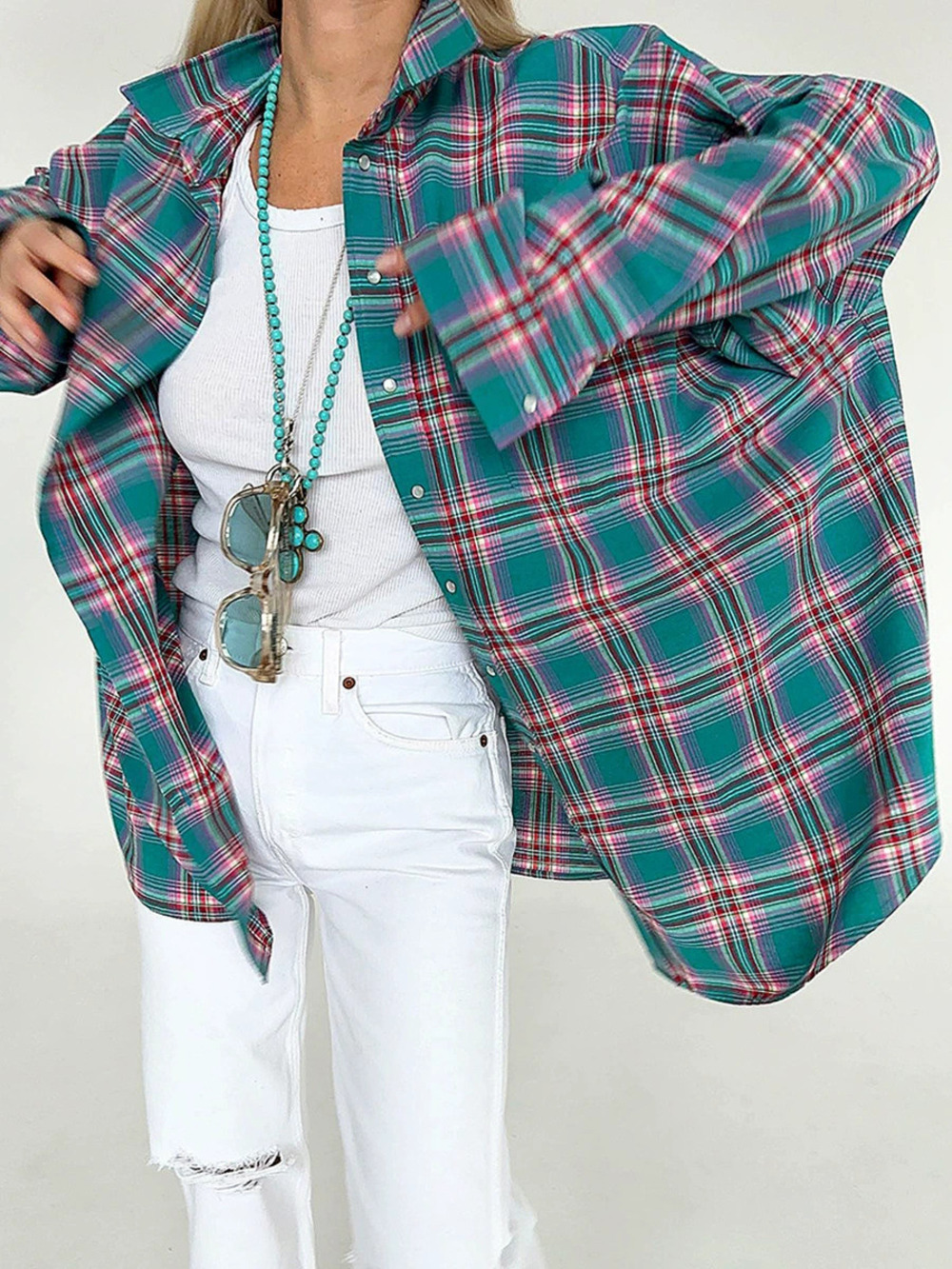 Forever 21 Contrast Plaid Long Sleeve Summer UV Protection Shirt